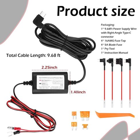 9.68Ft Dash Cam Hardwire Kit USB C,12V-30V to 5V Hardwire Kit for Dash Camera for Cars with Low Voltage Protection,Dashcam Hardwires Kits USB C with Car Fuse Tap/5A Blade Fuse in Kuwait