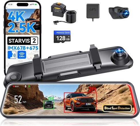Rear View Mirror Camera with STARVIS IMX678,4K Front and 2.5K Rear,12’’ Mirror Dash Cam, BSD, Included OBD Hardwire Kit,Free 128G Card,Voice Control, 5.8GHz WiFi, Loop Recording, G-Sensor & GPS in Kuwait