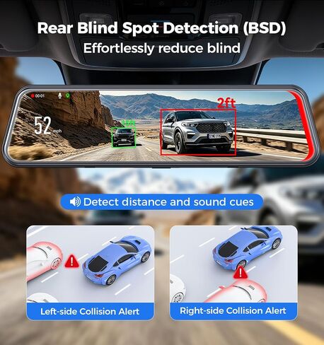 Rear View Mirror Camera with STARVIS IMX678,4K Front and 2.5K Rear,12’’ Mirror Dash Cam, BSD, Included OBD Hardwire Kit,Free 128G Card,Voice Control, 5.8GHz WiFi, Loop Recording, G-Sensor & GPS in Kuwait