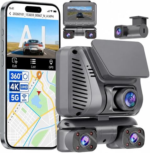 4K 4 Channel Dash Cam Front and Rear Inside Left Right, 360° View Wireless Car Dash Camera with Night Vision GPS Voice Control, 24H Parking Mode Car Security Camera, Free 64GB Micro SD Card in Kuwait