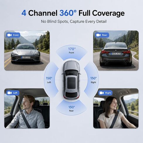 4K 4 Channel Dash Cam Front and Rear Inside Left Right, 360° View Wireless Car Dash Camera with Night Vision GPS Voice Control, 24H Parking Mode Car Security Camera, Free 64GB Micro SD Card in Kuwait