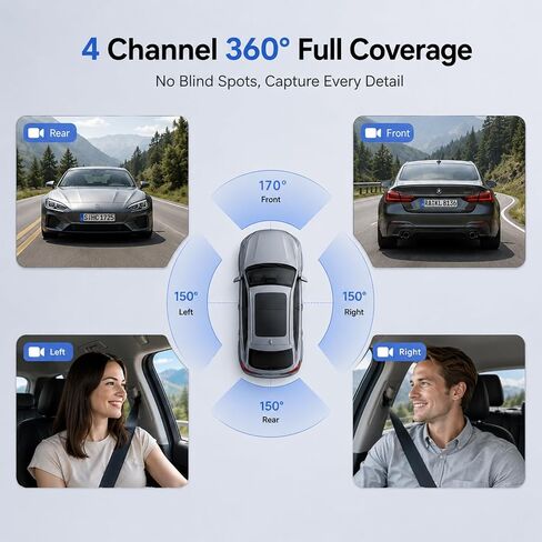 4K 4 Channel Dash Cam Front and Rear Inside Left Right, 360° View Wireless Car Dash Camera with Night Vision GPS Voice Control, 24H Parking Mode Car Security Camera, Free 64GB Micro SD Card in Kuwait