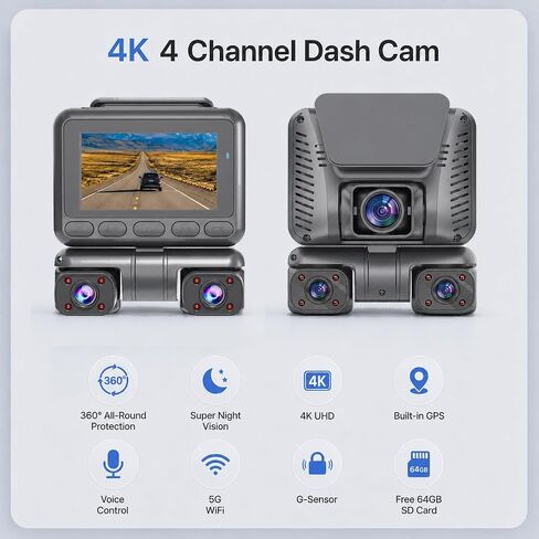 4K 4 Channel Dash Cam Front and Rear Inside Left Right, 360° View Wireless Car Dash Camera with Night Vision GPS Voice Control, 24H Parking Mode Car Security Camera, Free 64GB Micro SD Card in Kuwait