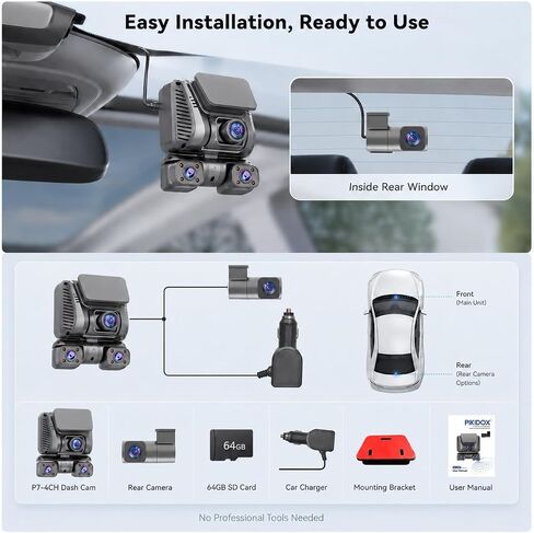 4K 4 Channel Dash Cam Front and Rear Inside Left Right, 360° View Wireless Car Dash Camera with Night Vision GPS Voice Control, 24H Parking Mode Car Security Camera, Free 64GB Micro SD Card in Kuwait