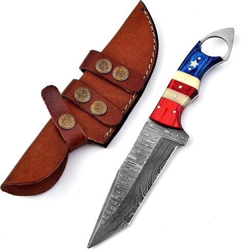 Handmade Damascus Steel Tanto Blade Skinning Knife for Hunting With Leather Sheath Belt Loop - Fixed Blade Tactical Survival Knives for Men - American TX Handle Deer Hunting Knife for Camping, (4004) in Kuwait
