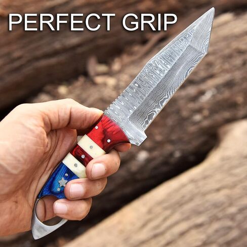 Handmade Damascus Steel Tanto Blade Skinning Knife for Hunting With Leather Sheath Belt Loop - Fixed Blade Tactical Survival Knives for Men - American TX Handle Deer Hunting Knife for Camping, (4004) in Kuwait