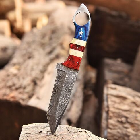 Handmade Damascus Steel Tanto Blade Skinning Knife for Hunting With Leather Sheath Belt Loop - Fixed Blade Tactical Survival Knives for Men - American TX Handle Deer Hunting Knife for Camping, (4004) in Kuwait