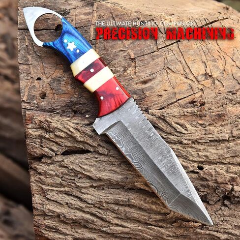 Handmade Damascus Steel Tanto Blade Skinning Knife for Hunting With Leather Sheath Belt Loop - Fixed Blade Tactical Survival Knives for Men - American TX Handle Deer Hunting Knife for Camping, (4004) in Kuwait