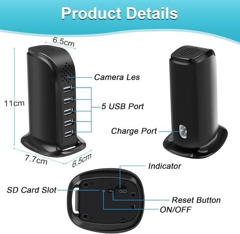Hidden Camera USB Charger WiFi Spy Cam Charger 5-Port USB Plug 1080P HD Video Camera Wireless Indoor Security Camera with Motion Detection, App Remote Viewing for Home Security in Kuwait