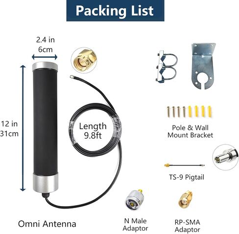 Outdoor Omni Cellular Antenna Kit for 5G 4G LTE GSM T-Mobile Cell Phone Signal Booster Router Modem Gateway Hotspot Security Camera | Broadband 600-6000MHz w/ 9.8ft Cable TS9 RP SMA N Adapter in Kuwait