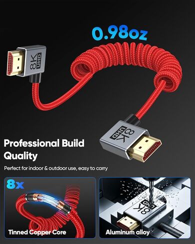 Short Coiled HDMI 2.1 Cable 8K,Right Angle HDMI Camera Monitor Cord Braided in Kuwait