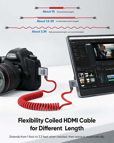 Short Coiled HDMI 2.1 Cable 8K,Right Angle HDMI Camera Monitor Cord Braided in Kuwait