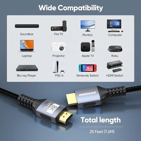 Long HDMI Cable 25 FT, 8K HDMI 2.1 Cord 48Gbps Ultra High Speed in Kuwait