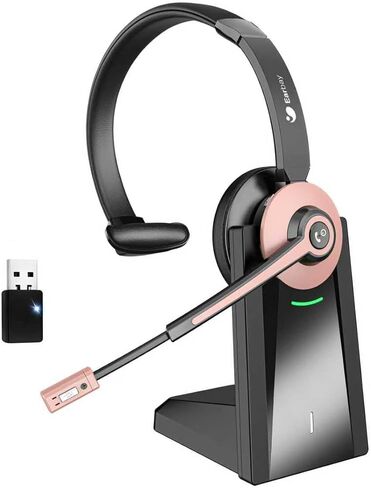Bluetooth Headset, Wireless Headset with Noise Cancelling Microphone & Mute Function for Work, On Ear Wireless Headphones with USB Dongle & Charging Base for Work from Home Computer Office Call Center in Kuwait