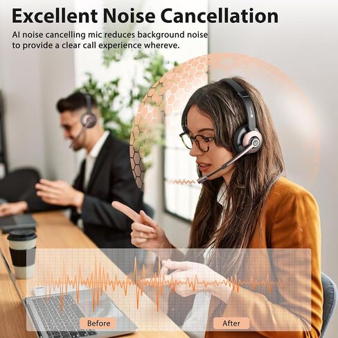 Bluetooth Headset, Wireless Headset with Noise Cancelling Microphone & Mute Function for Work, On Ear Wireless Headphones with USB Dongle & Charging Base for Work from Home Computer Office Call Center in Kuwait