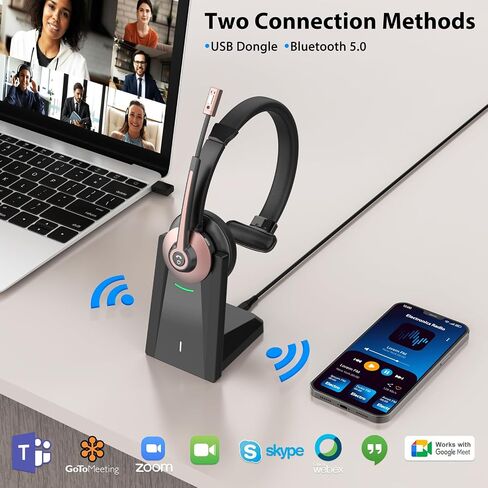 Bluetooth Headset, Wireless Headset with Noise Cancelling Microphone & Mute Function for Work, On Ear Wireless Headphones with USB Dongle & Charging Base for Work from Home Computer Office Call Center in Kuwait