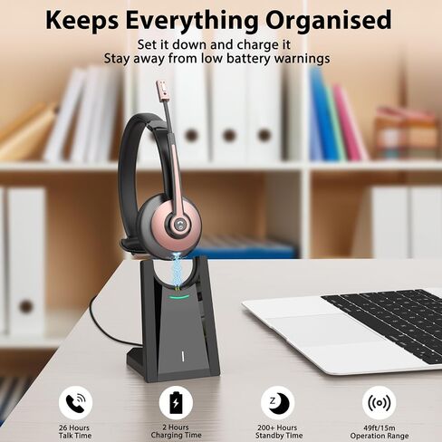 Bluetooth Headset, Wireless Headset with Noise Cancelling Microphone & Mute Function for Work, On Ear Wireless Headphones with USB Dongle & Charging Base for Work from Home Computer Office Call Center in Kuwait