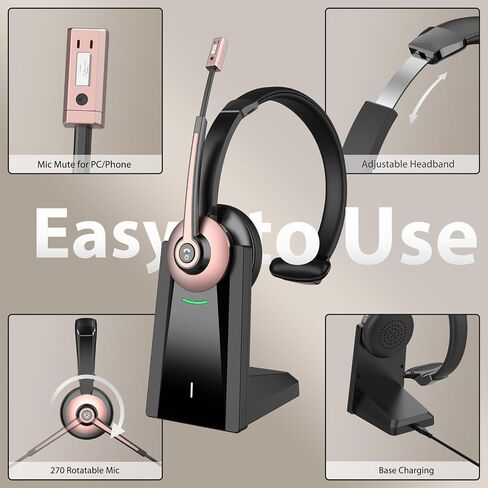 Bluetooth Headset, Wireless Headset with Noise Cancelling Microphone & Mute Function for Work, On Ear Wireless Headphones with USB Dongle & Charging Base for Work from Home Computer Office Call Center in Kuwait