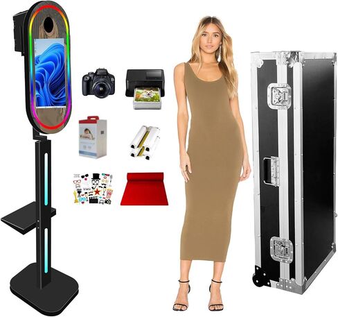 Selfie Mirror Photo Booth Machine Stand, 15.6inch Touch Screen, Built-in Mini PC, Angle Adjustable, Oval Shape, for Wedding Party Business (Black, Photo Booth) in Kuwait