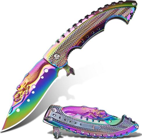 Vividstill Pocket Knife for Men, Cool Rainbow Folding Knife With 3D Mermaid, Great Gift Edc Knife For Men Outdoor Survival Camping Hiking（rainbow） in Kuwait