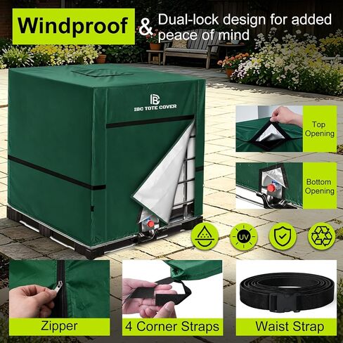 275 Gallon IBC Tote Cover, 500D Waterproof Thermal Cover, Zipper, Green in Kuwait
