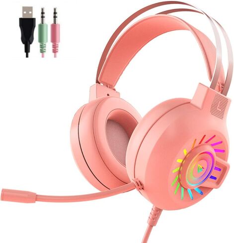 Gaming Headset,7.1 Surround Sound Wired Gaming Headset with Noise Cancelling Mic, Ultra Stable Headphones with 50mm Drivers Memory Foam, RGB Light, Pink in Kuwait
