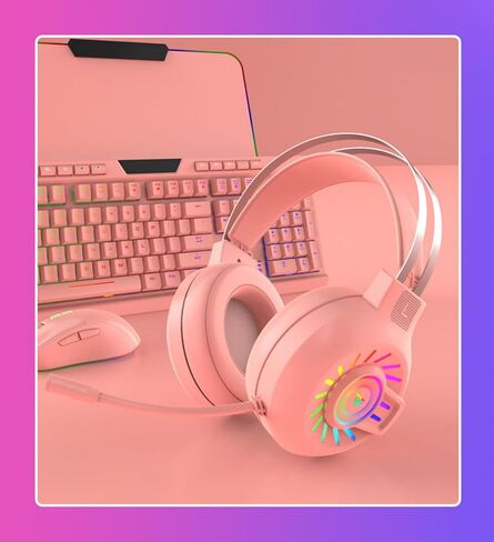 Gaming Headset,7.1 Surround Sound Wired Gaming Headset with Noise Cancelling Mic, Ultra Stable Headphones with 50mm Drivers Memory Foam, RGB Light, Pink in Kuwait