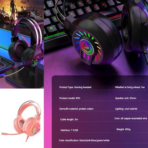 Gaming Headset,7.1 Surround Sound Wired Gaming Headset with Noise Cancelling Mic, Ultra Stable Headphones with 50mm Drivers Memory Foam, RGB Light, Pink in Kuwait
