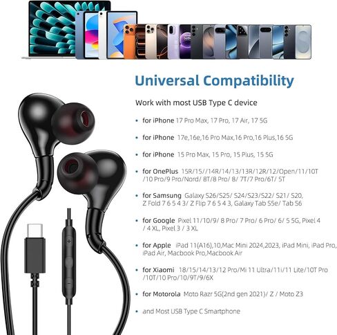 Jelanry USB-C Earbuds Wired in-Ear Type-C Headphones with Microphone, Black in Kuwait