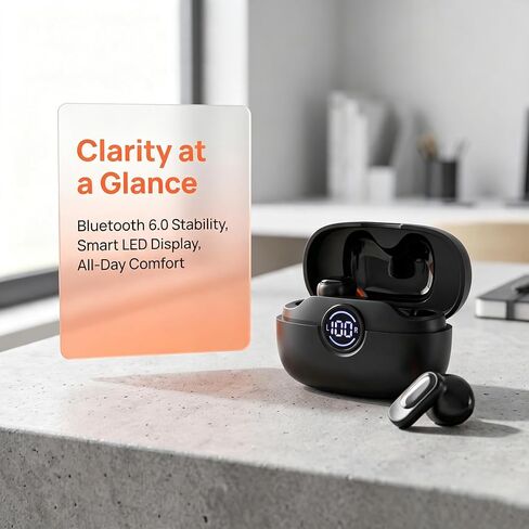 Wireless Earbuds Bluetooth 6.0, Bass Stereo Sound with ENC Noise Cancelling Mic, LED Power Display, IP7 Waterproof, 60H Playtime, Ergonomic in-Ear Earphones for Phone Sport Laptop – Black in Kuwait