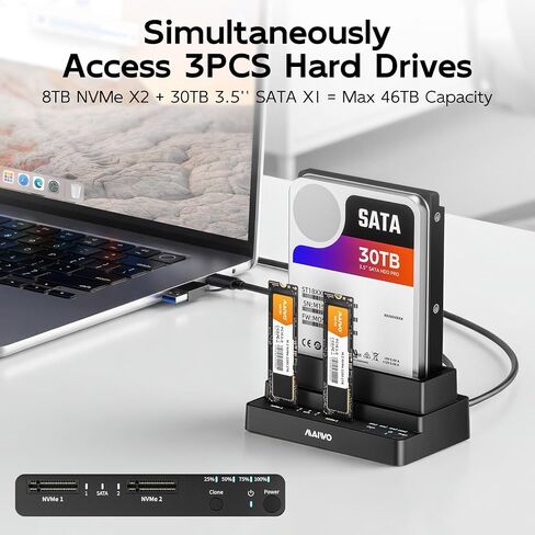 M.2 NVMe SSD to SATA HDD Bidirectional Cloner, 3-Bay NVMe Duplicator+2.5 3.5 Inch Hard Drive Docking Station, USB3.2 Gen2x1 10Gbps Simultaneously Read 3PCS of Drives, 12V/3A, 46TB Capacity in Kuwait