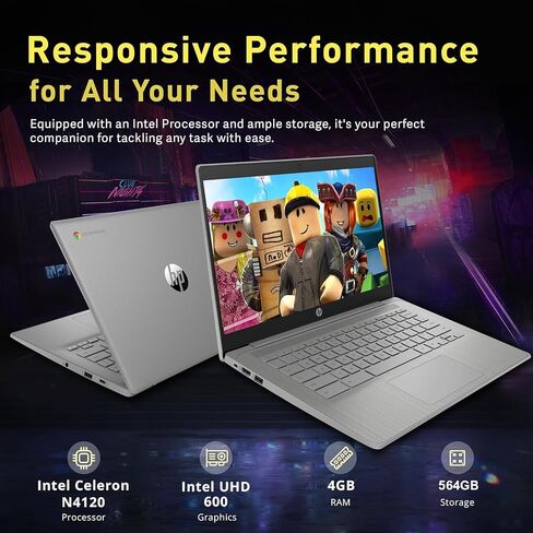 HP Chromebook 14" HD Premium Laptop Computer for Student Business, Quad-Core Celeron N4120 Processor, 4GB RAM, 564GB Storage (64GB eMMC + 500GB Ext), Webcam, Long Battery, Chrome OS +MarxsolAccessory in Saudi Arabia