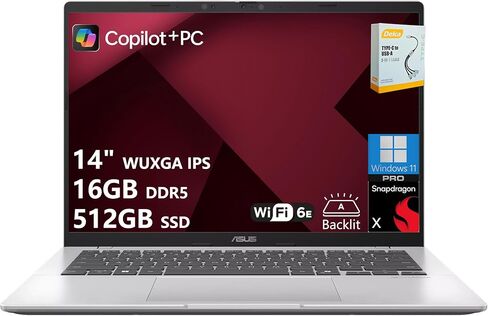 ASUS Vivobook 14 Professional AI Laptop | 14" WUXGA IPS Anti-Glare | 8-core Snapdragon X (Up to 45 NPU Tops) | 16GB DDR5 512GB SSD | Backlit USB4 WiFi 6E Long Battery Life Win11 Pro w/DLCA Accessory in Saudi Arabia