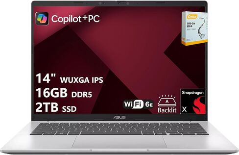 ASUS Vivobook 14 Professional AI Laptop | 14" WUXGA IPS Anti-Glare | 8-core Snapdragon X (Up to 45 NPU Tops) | 16GB DDR5 512GB SSD | Backlit USB4 WiFi 6E Long Battery Life Win11 Pro w/DLCA Accessory in Kuwait