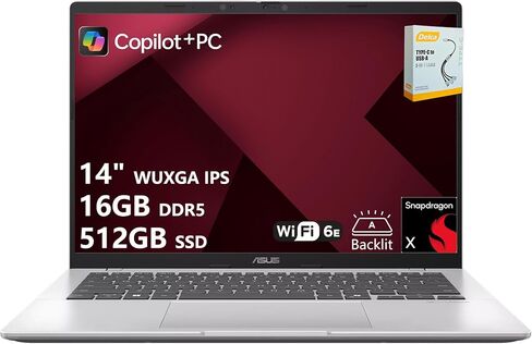 ASUS Vivobook 14 Professional AI Laptop | 14" WUXGA IPS Anti-Glare | 8-core Snapdragon X (Up to 45 NPU Tops) | 16GB DDR5 512GB SSD | Backlit USB4 WiFi 6E Long Battery Life Win11 Pro w/DLCA Accessory in Saudi Arabia