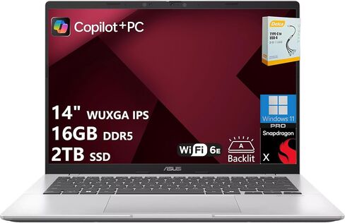 ASUS Vivobook 14 Professional AI Laptop | 14" WUXGA IPS Anti-Glare | 8-core Snapdragon X (Up to 45 NPU Tops) | 16GB DDR5 512GB SSD | Backlit USB4 WiFi 6E Long Battery Life Win11 Pro w/DLCA Accessory in Saudi Arabia