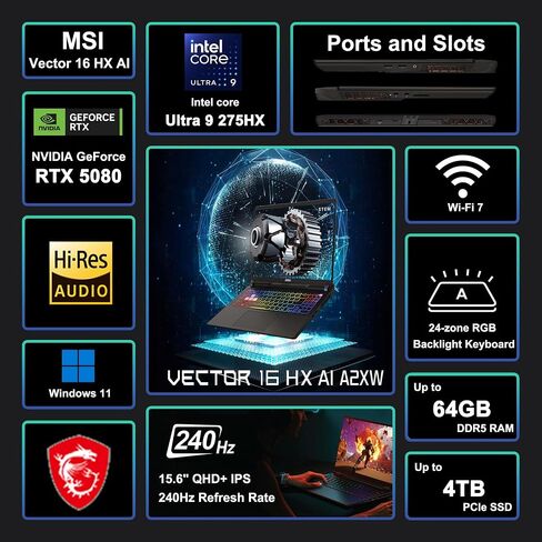 iCarp Customized Laptop Made with MSI Vector 16 HX AI Gaming Laptop 16" QHD+ 240Hz Intel 24-core Ultra 9 275HX (>i9-14900HX) 32GB/64GGB RAM 1TB/2TB/4TB SSD GeForce RTX 5080 1334 TOPS RGB Backlit Win11 in Kuwait