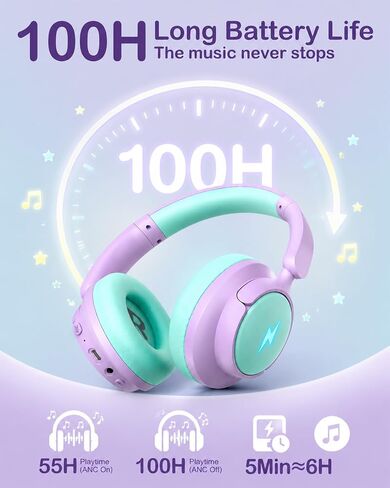 Qozybuds Active Noise Cancelling Wireless Kids Headphones, Kids Bluetooth 6.0 Headphones, Safe Volume 94dBA Headphones for Kids, 100H Playtime, Type C Fast Charging, LED for iPad, School, Travel in Kuwait