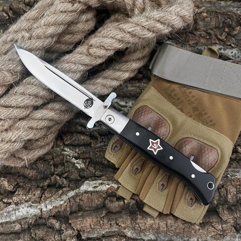 Finka-NKVD KGB Folding Pocket Knife, 3.66" 440C Stainless Steel Mirror-polished Blade, ABS With Back-lock Handle, EDC Outdoor Camping Hiking Knife (With Nylon Sheath) in Kuwait