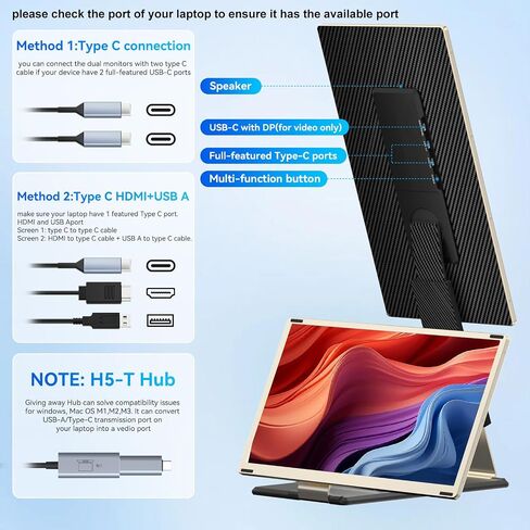 Laptop Screen Extender,15.6" Portable Monitor, FHD 1080P Ultra-Slim Travel Monitor with Speakers, Triple Display Extension, Compatible with 13-17.3" Laptops in Kuwait