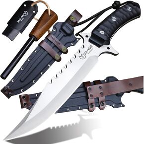 BA-KOR (15.8 inches) 5mm full Tang 9CR18MOV steel nylon fiber handle Bowie knife + sheath + (5.9 inches) cerium element striker, suitable for outdoor hunting, camping, survival, and daily carry of tools. (Sanding I (Half Teeth)) in Kuwait