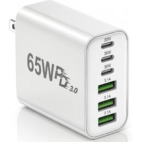 USB C Charger Block, 65W 6-Port Fast Charging Adapter with Gallium Nitride, Power Delivery and Quick Charge for Smartphones, Tablets and USB-C Devices (1Pack_65W) in Kuwait