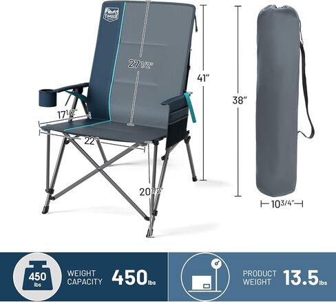TIMBER RIDGE Oversized Camping Chair with Lumbar Support, Portable Folding Chair Heavy Duty for Adults Supports 450 LBS for Outdoor Camping Lawn, with High Back, Cup Holder, Side Pocket, Blue in Kuwait
