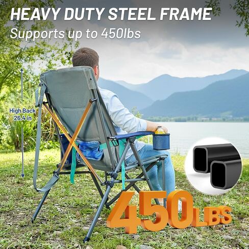 TIMBER RIDGE Oversized Camping Chair with Lumbar Support, Portable Folding Chair Heavy Duty for Adults Supports 450 LBS for Outdoor Camping Lawn, with High Back, Cup Holder, Side Pocket, Blue in Kuwait