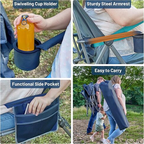 TIMBER RIDGE Oversized Camping Chair with Lumbar Support, Portable Folding Chair Heavy Duty for Adults Supports 450 LBS for Outdoor Camping Lawn, with High Back, Cup Holder, Side Pocket, Blue in Kuwait