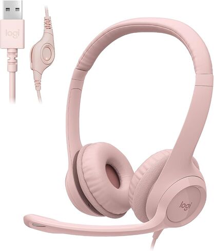 Logitech H390 Gaming Headphones, Wired Headphones with Mic, USB Headset with Microphone for PC, Noise Cancelling Microphone for Video Meetings, Music, Gaming - Rose, Pack of 4 in Kuwait