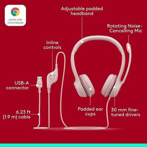 Logitech H390 Gaming Headphones, Wired Headphones with Mic, USB Headset with Microphone for PC, Noise Cancelling Microphone for Video Meetings, Music, Gaming - Rose, Pack of 4 in Kuwait