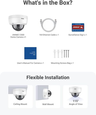 ANNKE C500 Dome 5MP PoE Security IP Camera, H.265+, 100ft EXIR 2.0 Night Vision, 120 dB WDR & 3D DNR, Support 256GB TF Card, Remote Access, Built-in Mic, Outdoor Indoor Surveillance, IP67 Weatherproof in Kuwait