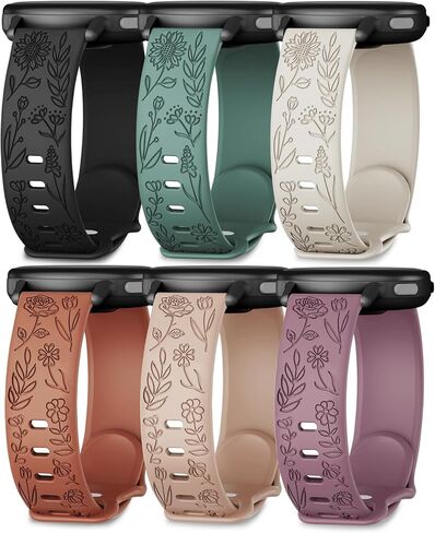 18mm Engraved Silicone Band Compatible with Garmin Venu 2S/Venu 3S/Vivoactive 4S/Venu 4 41mm/Vivomove 3S/Forerunner 255S 265S, 6 Pack Soft Sunflower Rose Floral Pattern Strap for Women Men in Saudi Arabia