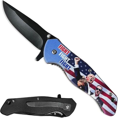 PS Trump Mug Shot Stainless Steel Pocket Knife, Patriotic Everyday Carry Tool, Folding Utility Design, Belt Clip Carry Accessory, Gift and Collection Item, (Never Surrender Theme) in Saudi Arabia